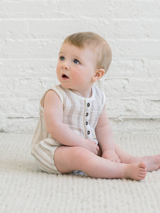 Organic Baby Bowie Muslin Bubble Romper - Enzo Stripe/Beige