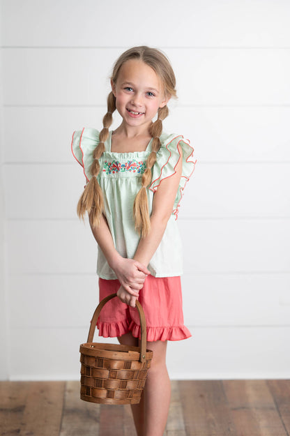 Girls Embroidered Mint Ruffle Top & Pink Short Easter Set
