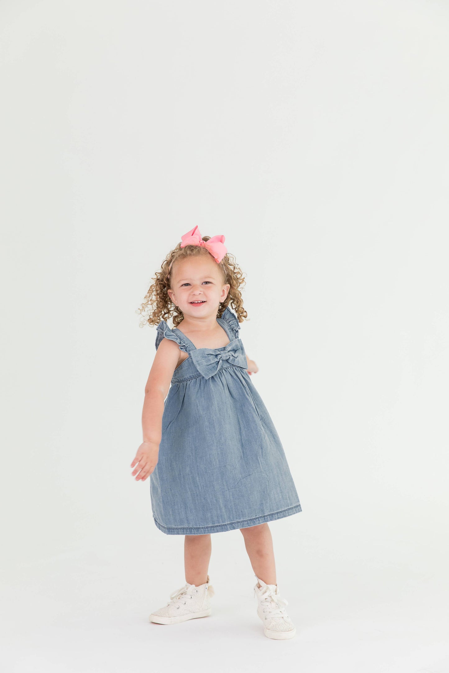 Girls Light Wash Denim Flutter Bow Woven Dress