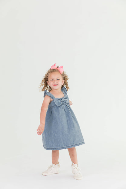 Girls Light Wash Denim Flutter Bow Woven Dress