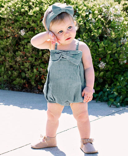 Baby Girls Light Wash Denim Bow Front Bubble Woven Romper