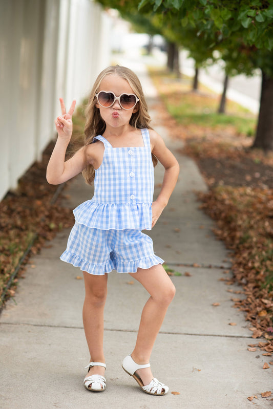 Kids Blue Check Gingham Ruffle Button Short Set