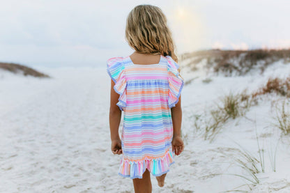 Girls Pastel Rainbow Stripe Ruffles & Lace Spring Dress