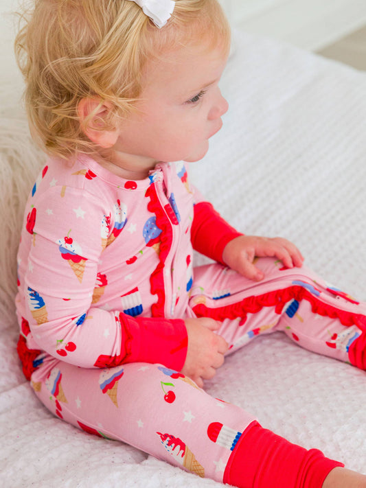 Baby Girls Sweet Freedom Bamboo Viscose Ruffle Convertible One Piece Pajama