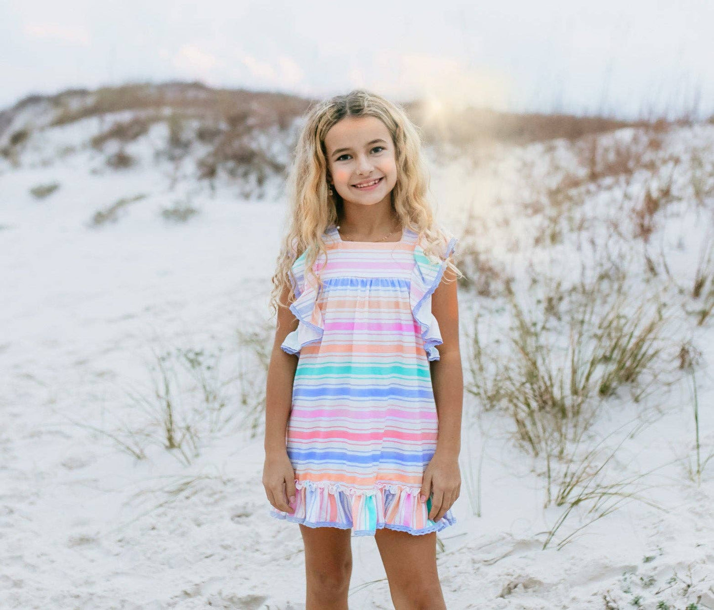 Girls Pastel Rainbow Stripe Ruffles & Lace Spring Dress