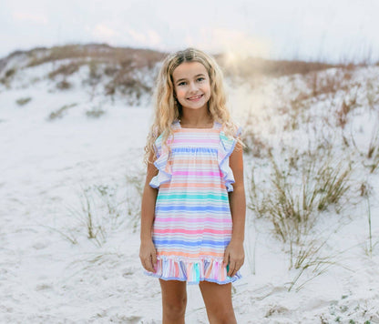 Girls Pastel Rainbow Stripe Ruffles & Lace Spring Dress