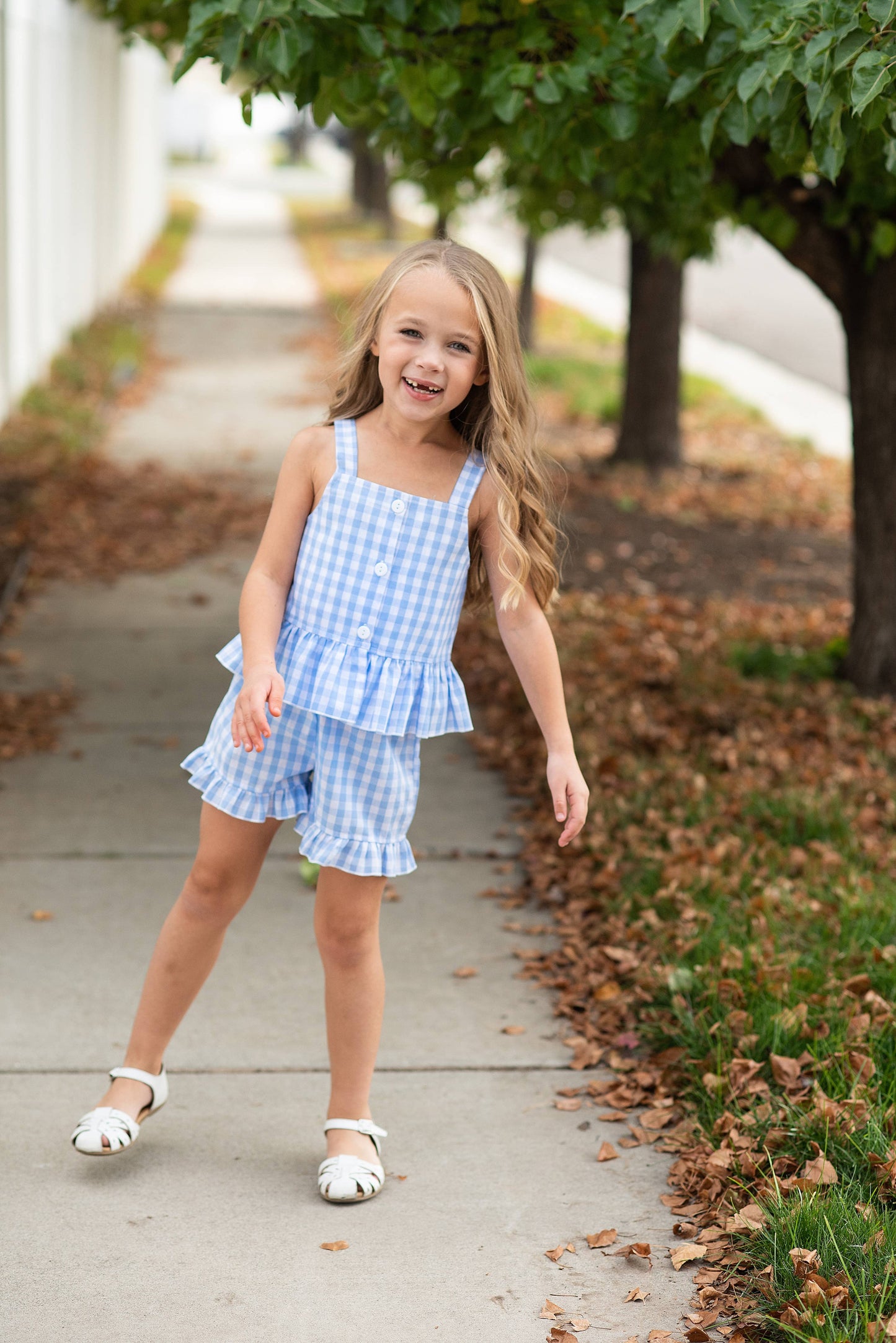 Kids Blue Check Gingham Ruffle Button Short Set