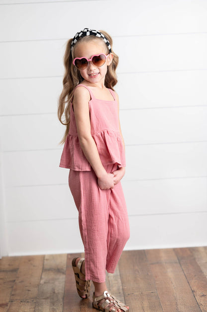 Girls Dusty Pink Gauze Weave Ruffle Spring Summer Set