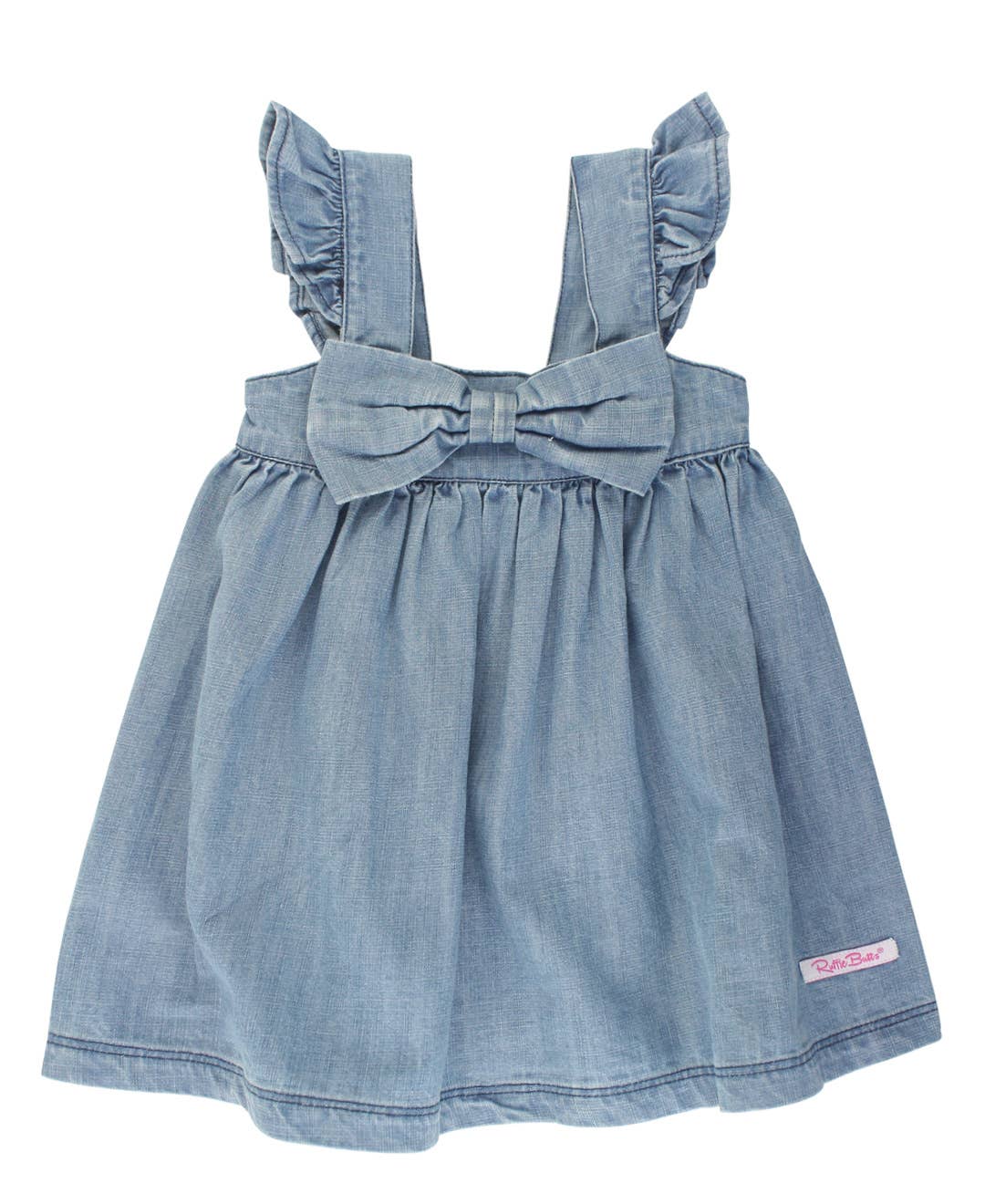 Girls Light Wash Denim Flutter Bow Woven Dress
