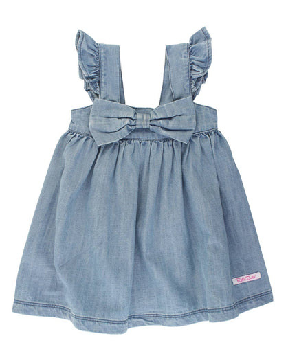 Girls Light Wash Denim Flutter Bow Woven Dress
