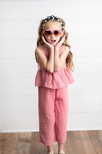 Girls Dusty Pink Gauze Weave Ruffle Spring Summer Set