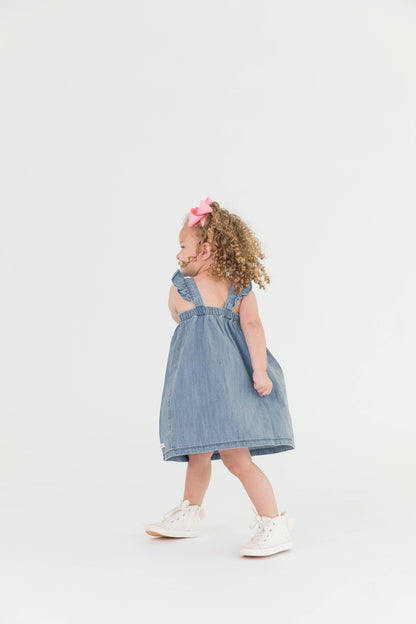 Girls Light Wash Denim Flutter Bow Woven Dress
