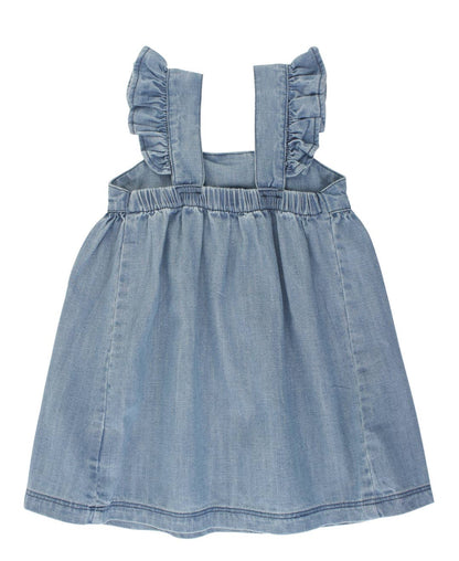 Girls Light Wash Denim Flutter Bow Woven Dress