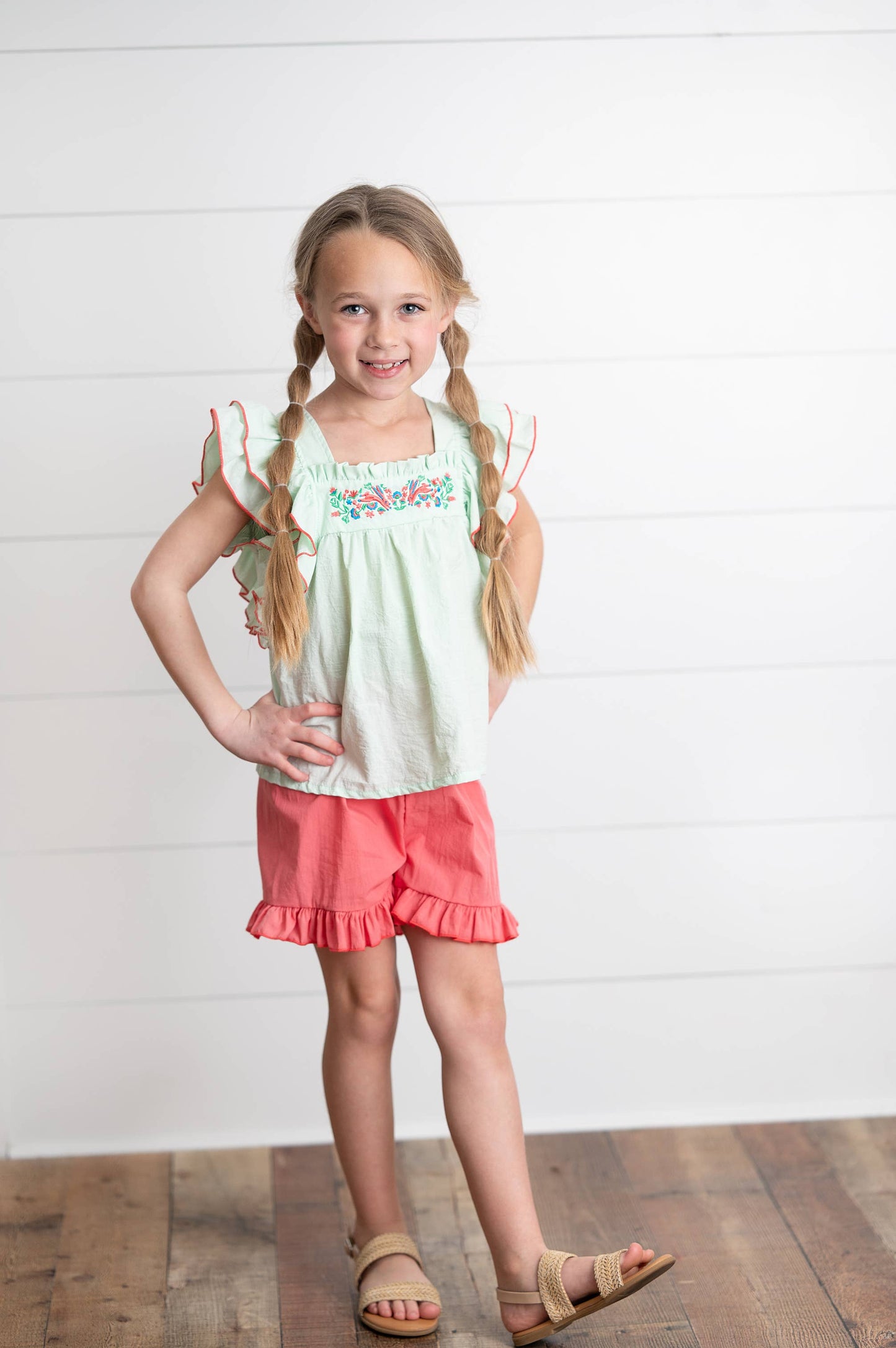 Girls Embroidered Mint Ruffle Top & Pink Short Easter Set