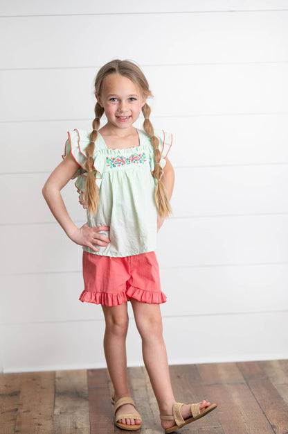 Girls Embroidered Mint Ruffle Top & Pink Short Easter Set