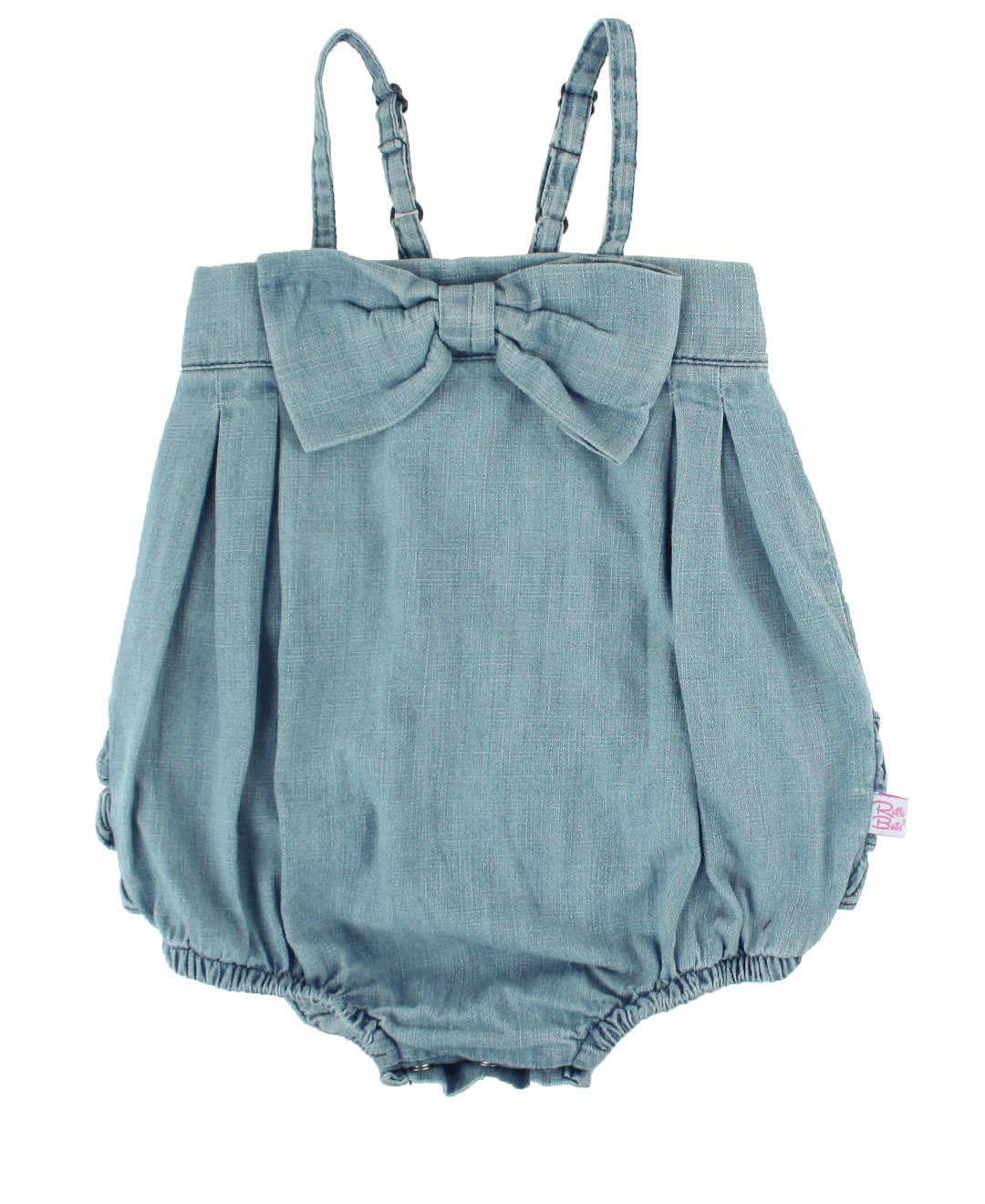 Baby Girls Light Wash Denim Bow Front Bubble Woven Romper