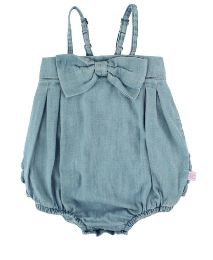 Baby Girls Light Wash Denim Bow Front Bubble Woven Romper