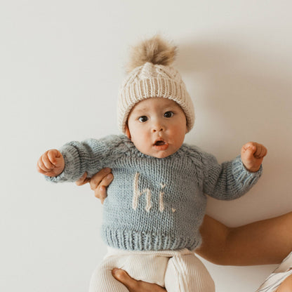 Natural Pop Pom Pom Beanie Hat for Babies thru Adults
