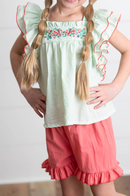 Girls Embroidered Mint Ruffle Top & Pink Short Easter Set