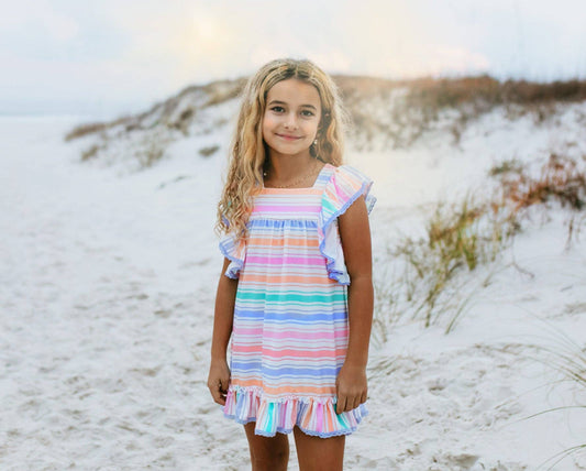 Girls Pastel Rainbow Stripe Ruffles & Lace Spring Dress
