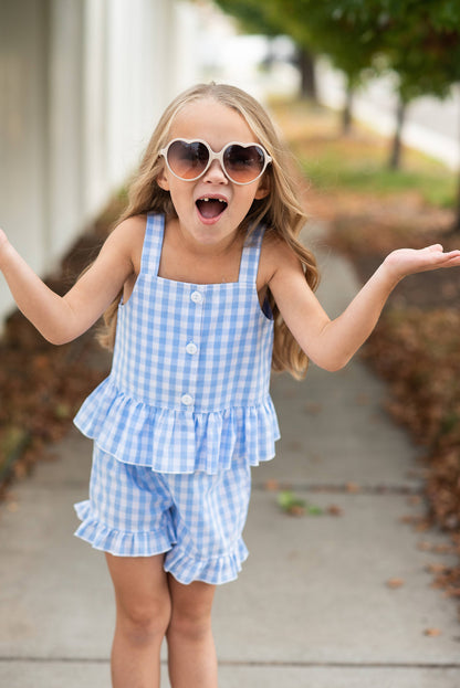 Kids Blue Check Gingham Ruffle Button Short Set