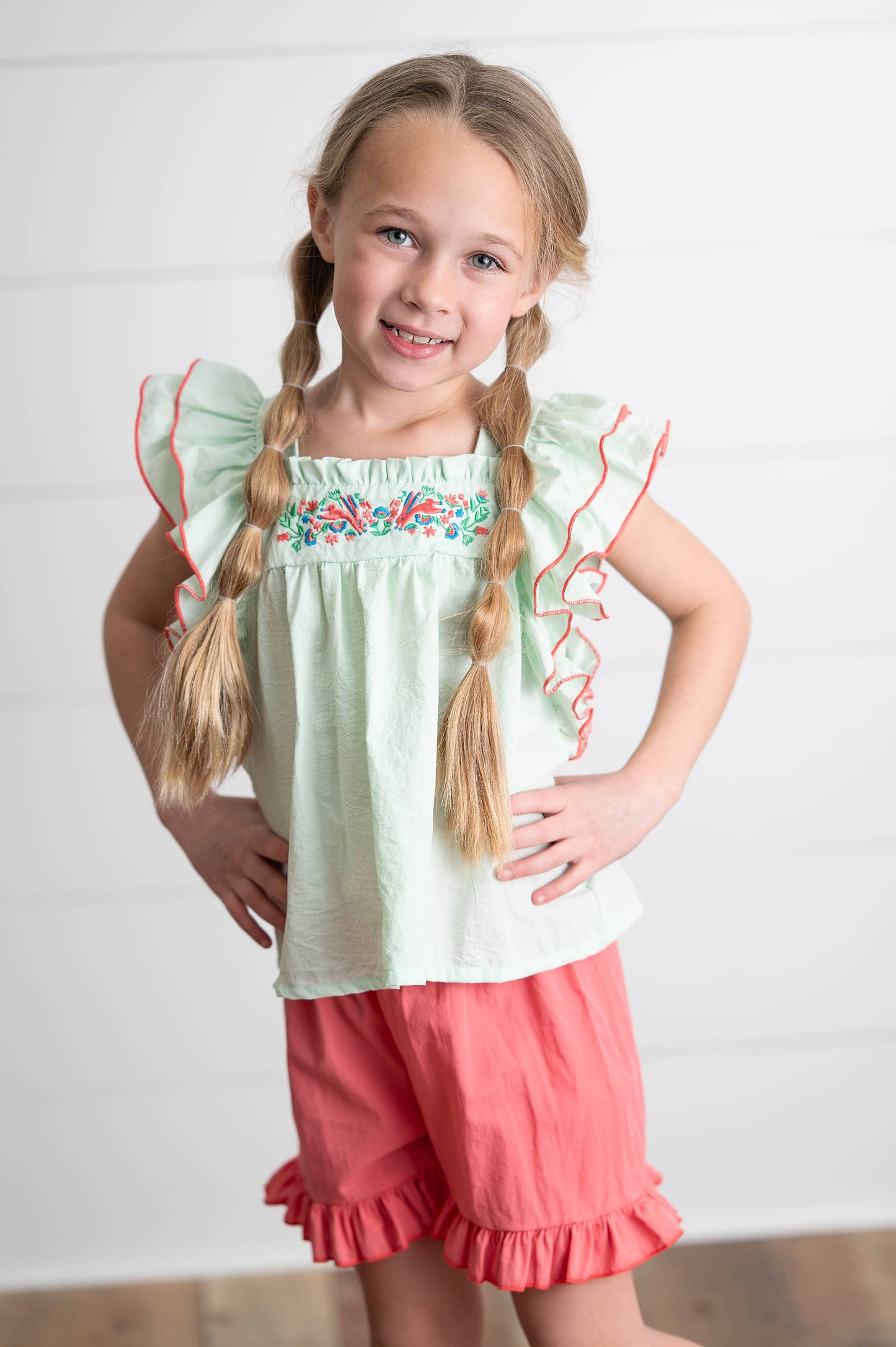 Girls Embroidered Mint Ruffle Top & Pink Short Easter Set