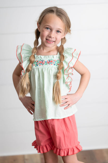Girls Embroidered Mint Ruffle Top & Pink Short Easter Set