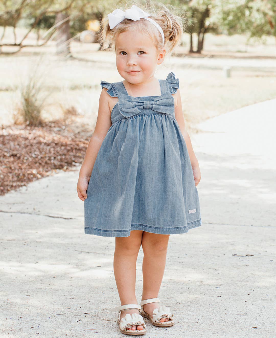 Girls Light Wash Denim Flutter Bow Woven Dress