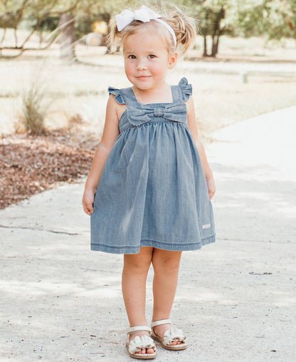 Girls Light Wash Denim Flutter Bow Woven Dress