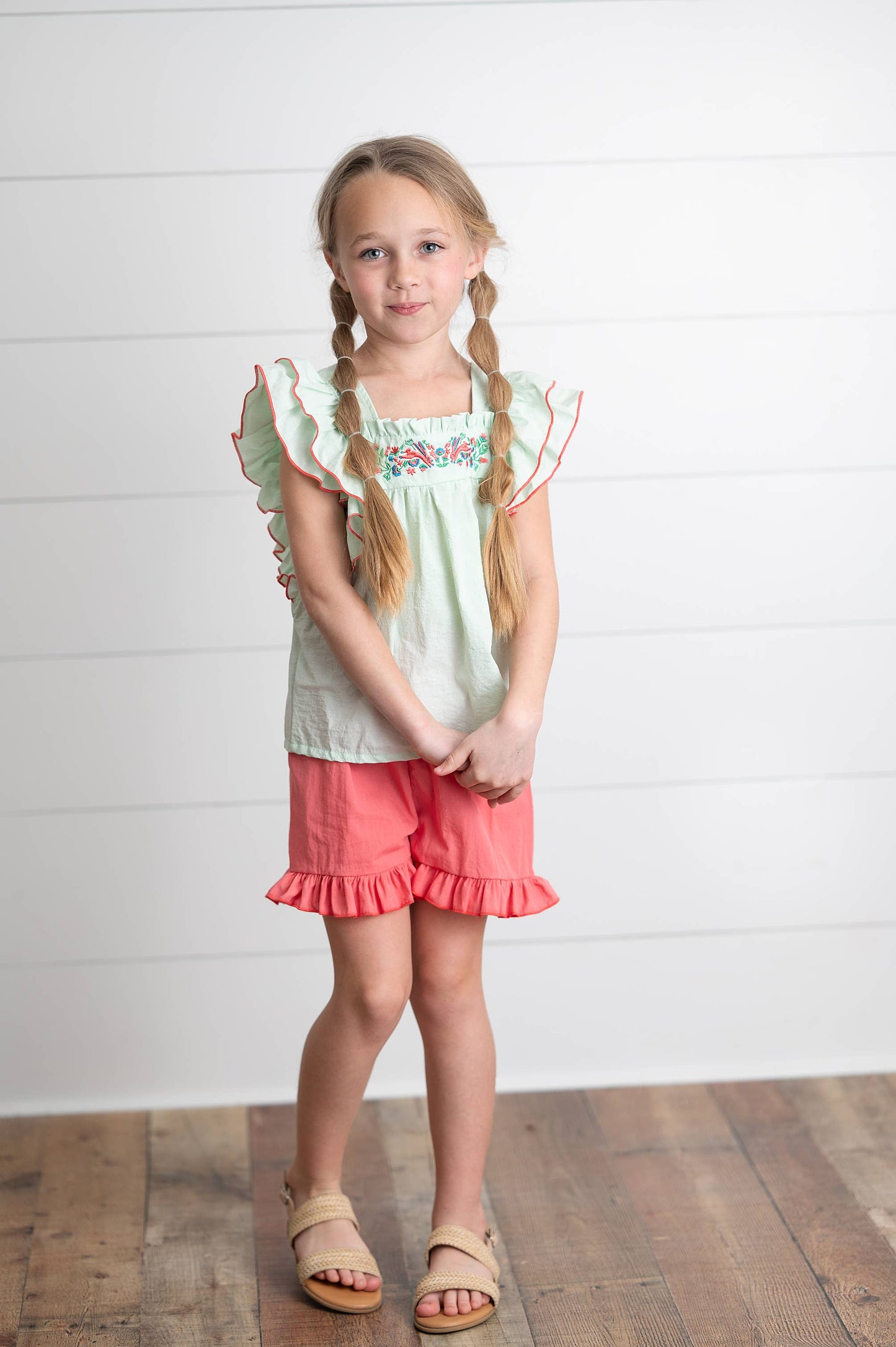 Girls Embroidered Mint Ruffle Top & Pink Short Easter Set