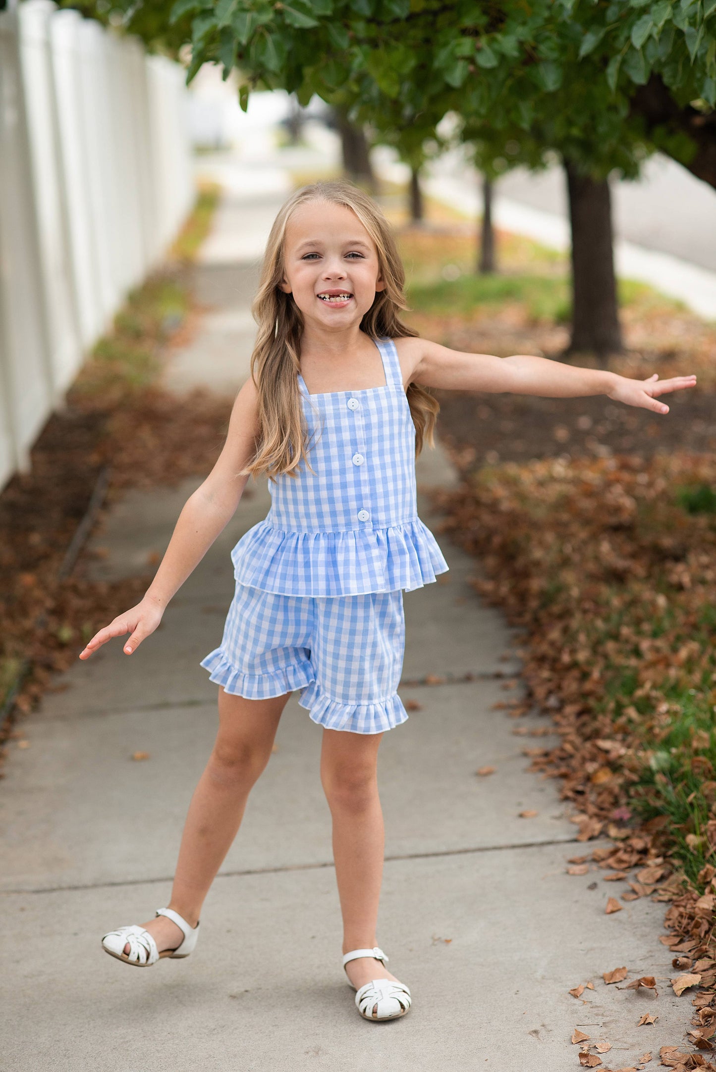 Kids Blue Check Gingham Ruffle Button Short Set