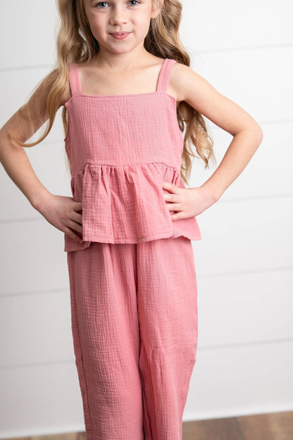 Girls Dusty Pink Gauze Weave Ruffle Spring Summer Set