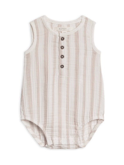 Organic Baby Bowie Muslin Bubble Romper - Enzo Stripe/Beige