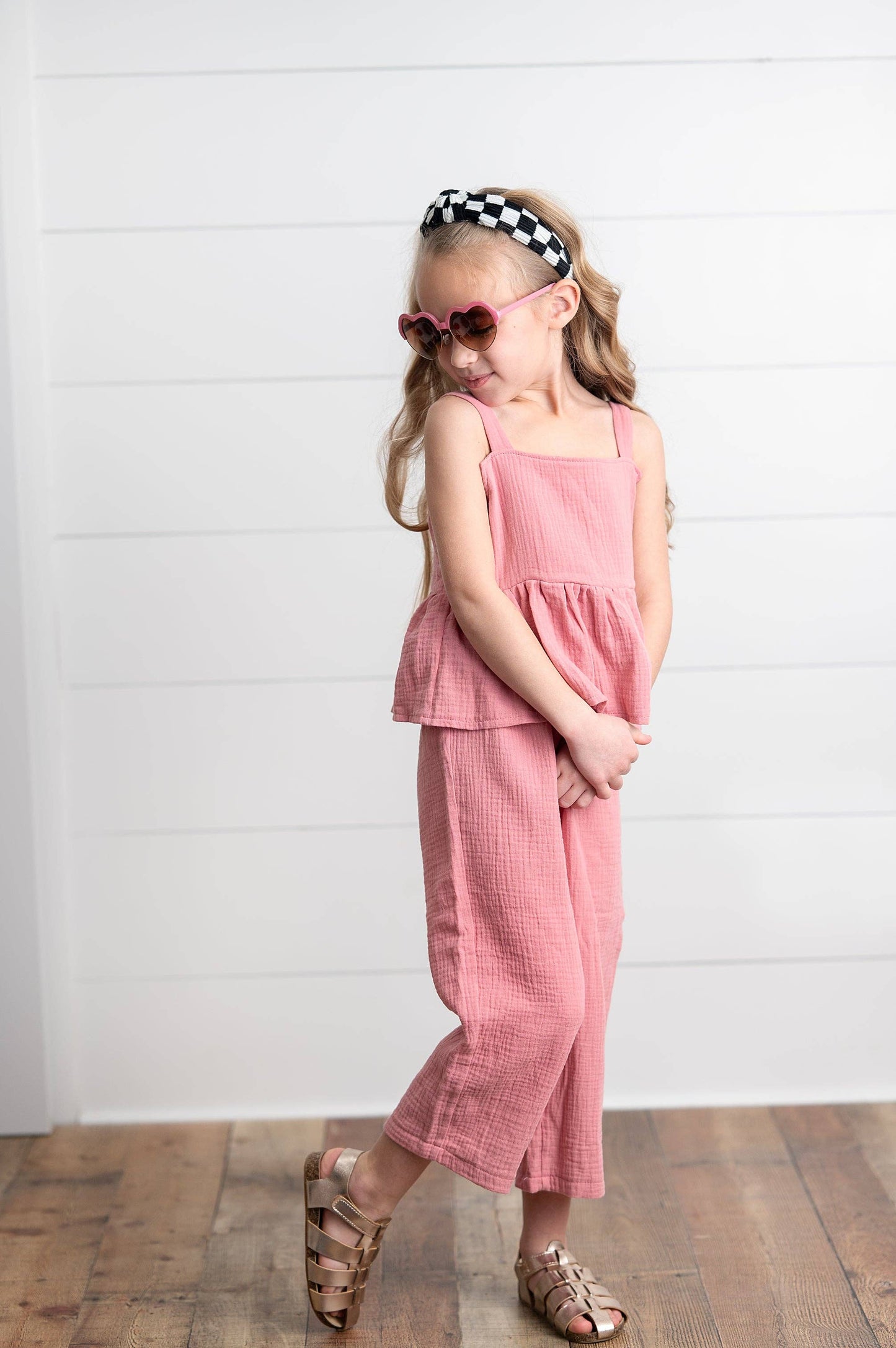 Girls Dusty Pink Gauze Weave Ruffle Spring Summer Set